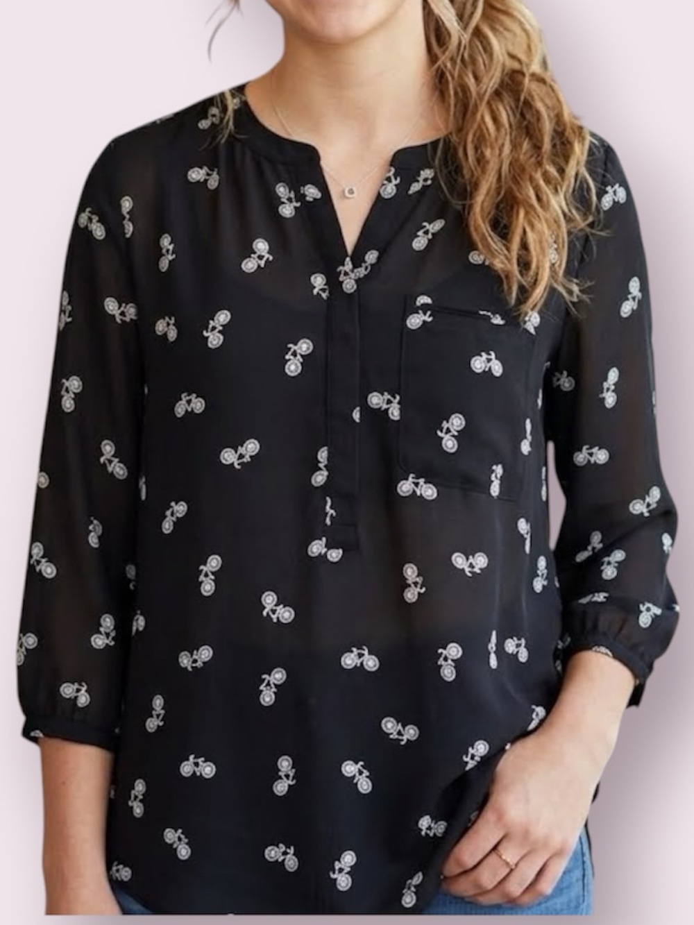 NYDJ Bicycle Print Semi-Sheer Popover Blouse Top Black White Medium Petite